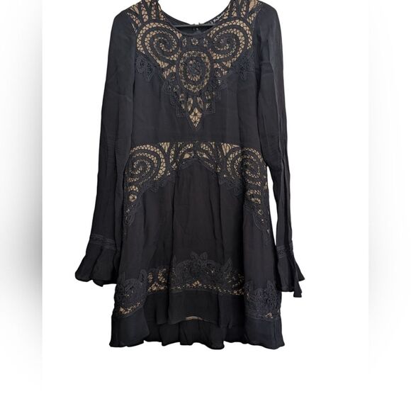 For Love And Lemons Black Valentina Lace Fit And Flare Long Sleeve Dress Large - Picture 8 of 9